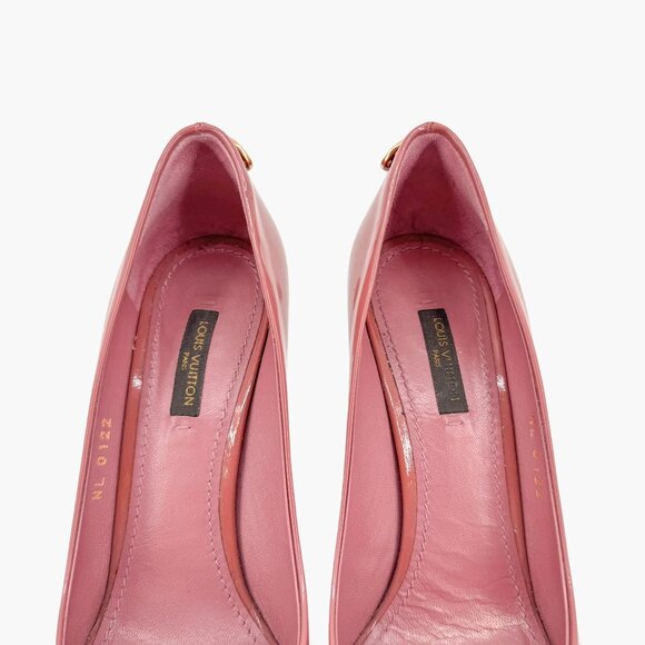 Louis Vuitton Oh Really Lock Pumps EU 37 US 7 Mauve Pink Patent High Heel Peep - Picture 4 of 11